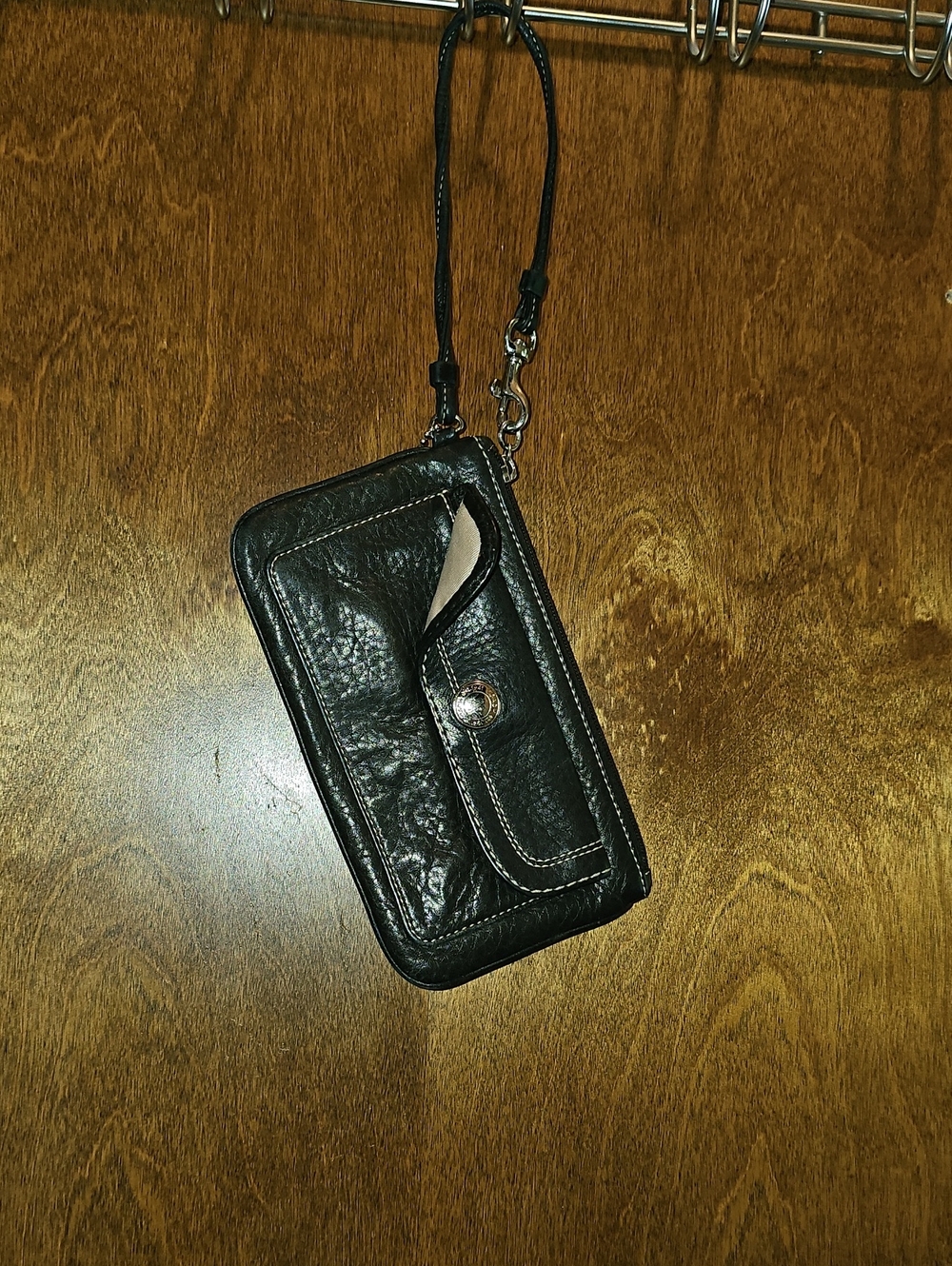 Coach Black Leather Snap Wallet with Contrast Stitching